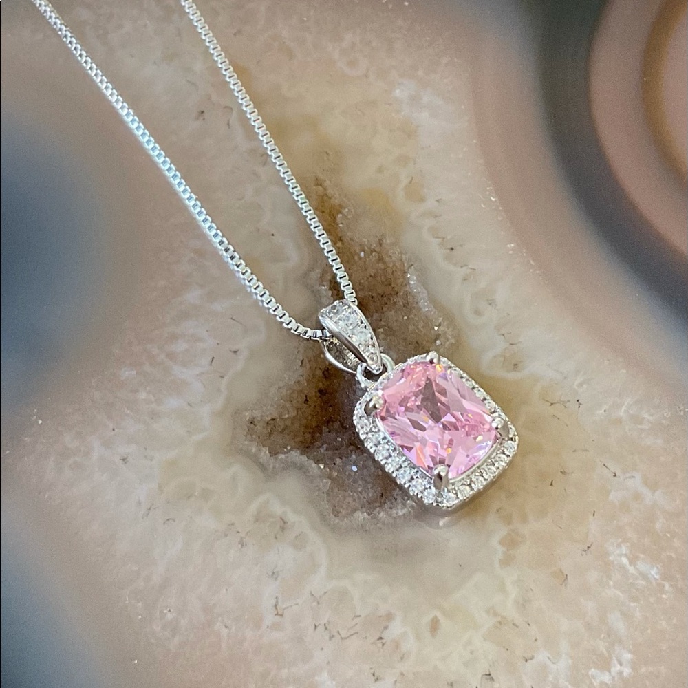 Sterling silver Pink cubic zirconia pendant necklace October Birthstone